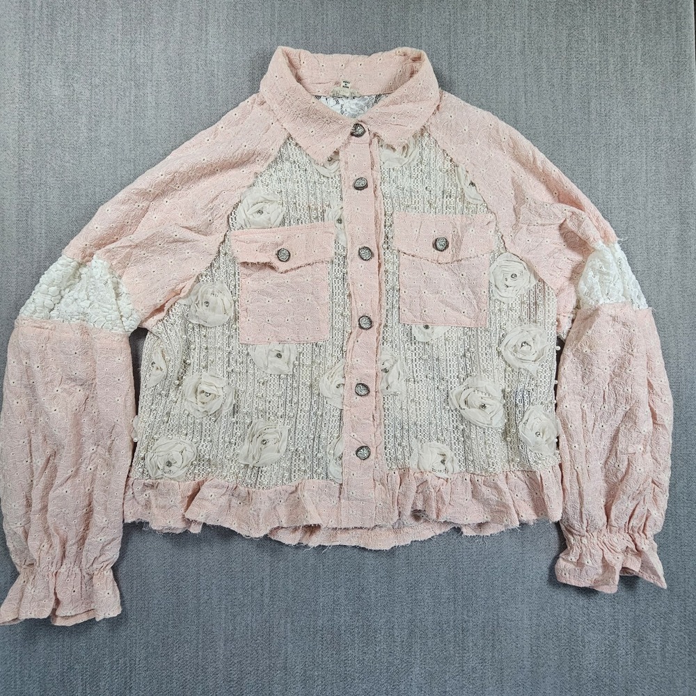 Pol Clothing Women's Lace Pink Cardigan Long‎ Puff Sleeve Size Medium
